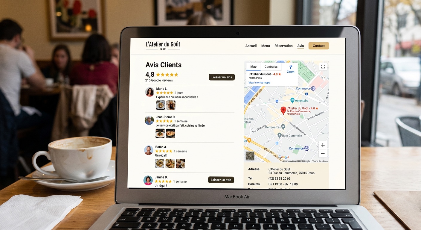 Section avis clients et Google Maps intégré pour restaurant